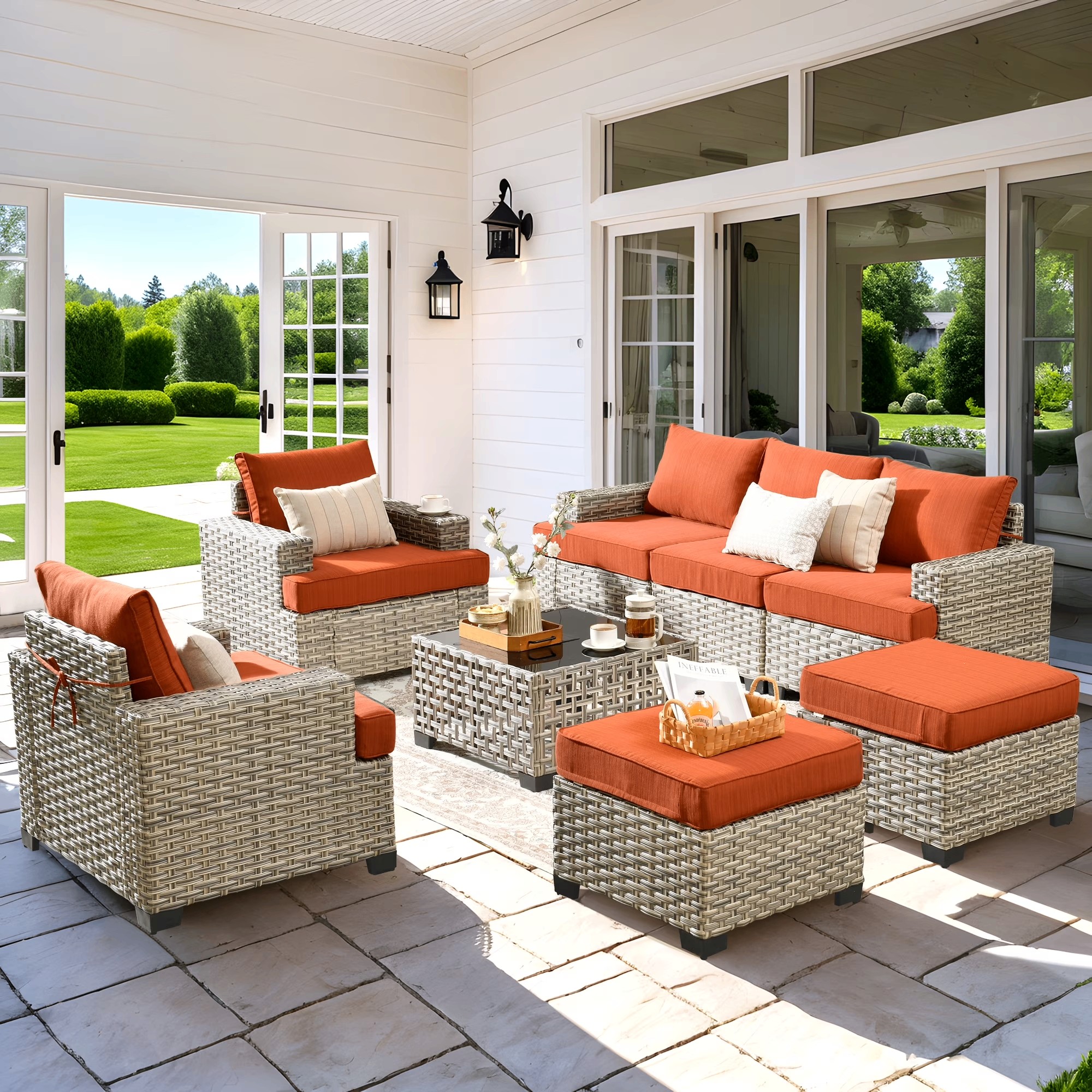 Vcatnet 8 Pieces Outdoor Patio Furniture Sectional Sofa PE Rattan Wicker Conversation Set with Solar Powered Coffee Table for Porch, Backyard, Orange Red