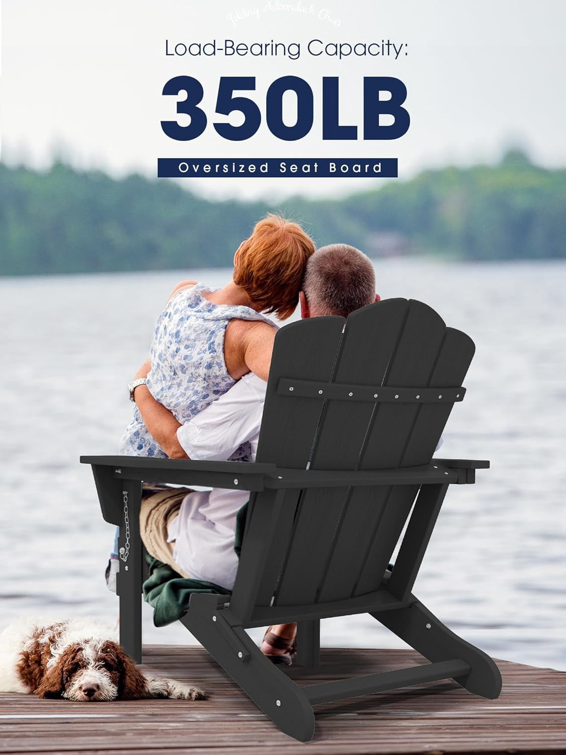 SONGMY Folding Adirondack Chair, HDPE All-Weather Patio Chairs, Wooden Textured Lawn Chair for Poolside, Backyard, Deck, Fire Pit, Black
