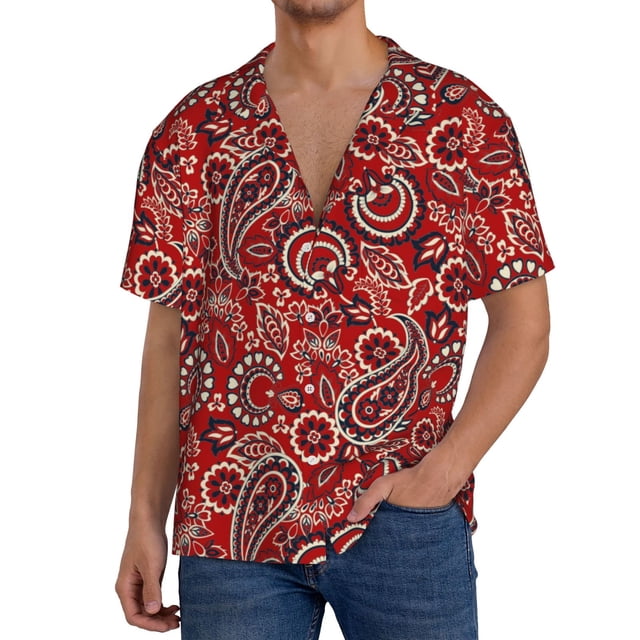 Fotbe Vintage Red Paisley Camisa Estampada de Manga Corta para Hombre, Casual de Verano, Estilo Playero, Sin Arrugas-Medium