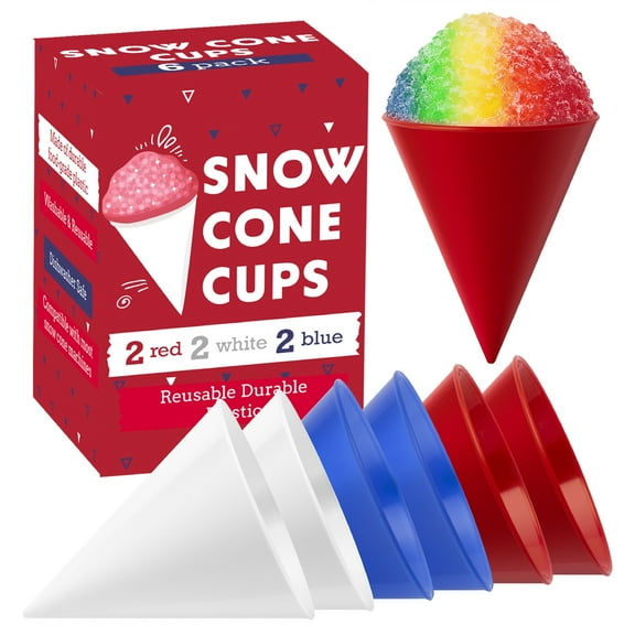 IMPRESA Plastic Snow Cone Cups - Reusable & Dishwasher Safe Shaved Ice Cups - Leak-Proof for Shaved Ice Syrup - Fits Snow Cone Machine & Slushie Maker - Pack of 6, 6 oz, Red, White & Blue