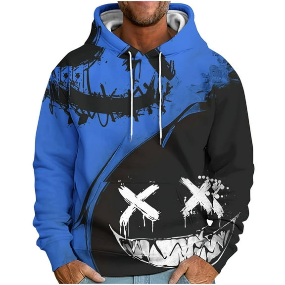 Turilly Hoodies for Men Graphic Men's Hooded Down Shoulder Sleeve Face Print Loose Hoodie Printed Long Sleeve Top Hoodie