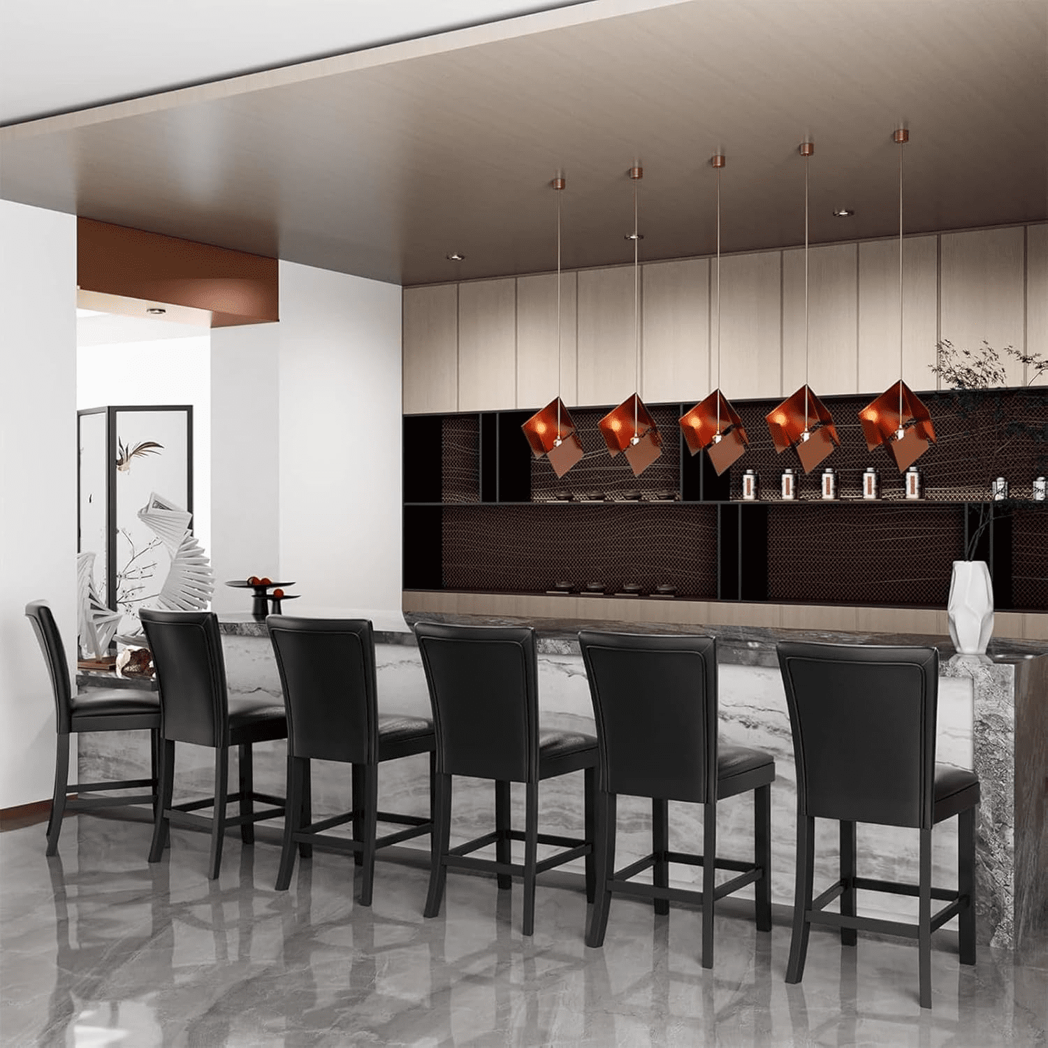 BAXMUY Set of 4 Counter Height Bar Stools, 25.6" Seat, Black, Solid Wood & Faux Leather Bar Chairs for Kitchen Island & Home Bar