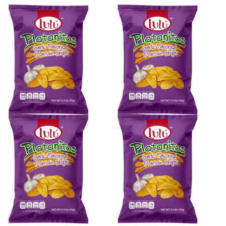 LULU Plantain Chips | Garlic Plantain Chips | Pack of 4 | 2.5 OZ Per Bag | Gluten Free Chips |