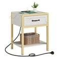 thumbnail image 4 of Nightstand with Charging Station, Bedside Table with Storage Drawer and Open Storage Shelf, End Table with Safe Rounded Corners and Marble-Textured Surface for Living Room Coffee Table, White, 4 of 9