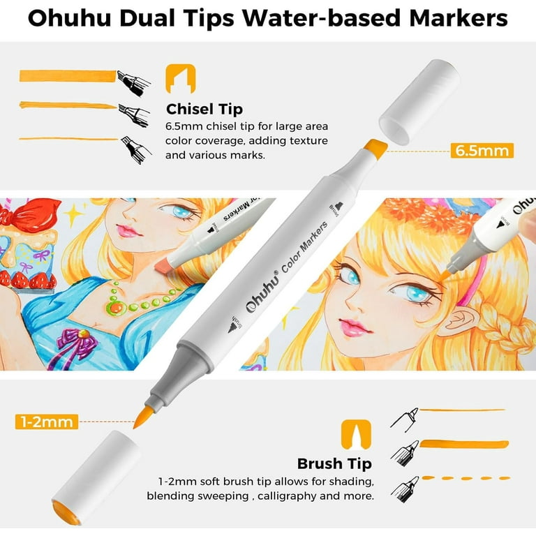 Ohuhu 60-Color Water-Based Markers, Dual Tip Brush & Chisel, No