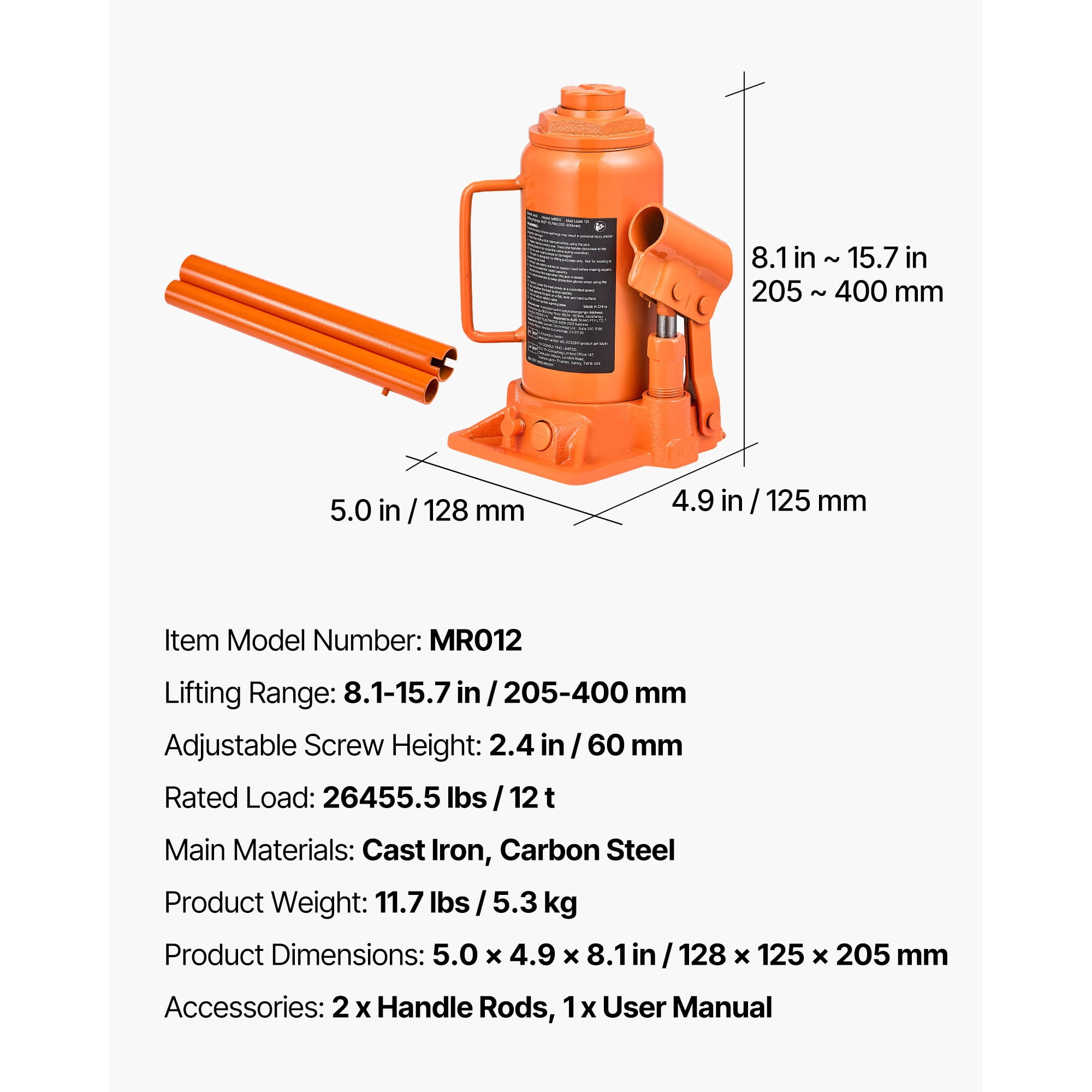 KFFKFF Hydraulic Bottle Jack, 12 Ton Capacity, 8.1-15.7 Inch Lifting Range, Durable Welded Design for Vehicles, Auto Repair, House Lifting, and Agricultural Applications, Orange