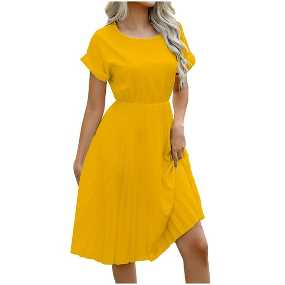 Fashion Swing Dresses for Womens 2026 Summer Plus Size Temperament Solid Color Pleated Three-quarter Sleeve Waist A-line Dress
