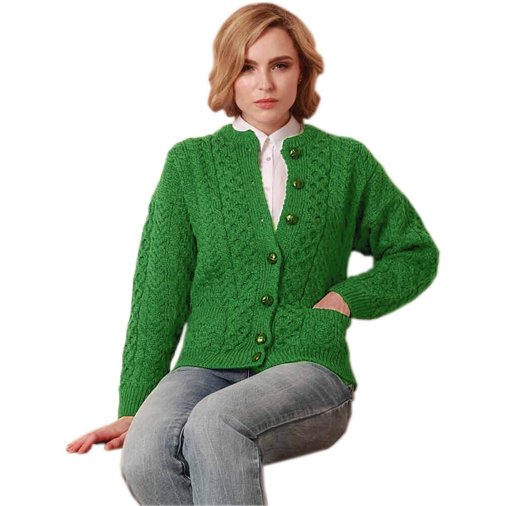 Carraig Donn Ladies Irish Wool Cardigan, Made in Ireland, Green