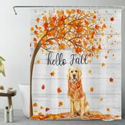 HVEST Hello Fall Shower Curtain for Bathroom,Farm Animal Dog and Falling Maple Leaf on Rustic Gray Wood Fabric Shower Curtain with Hooks,Vintage Farmhouse Bathroom Curtain Shower Set, 60x72 inches