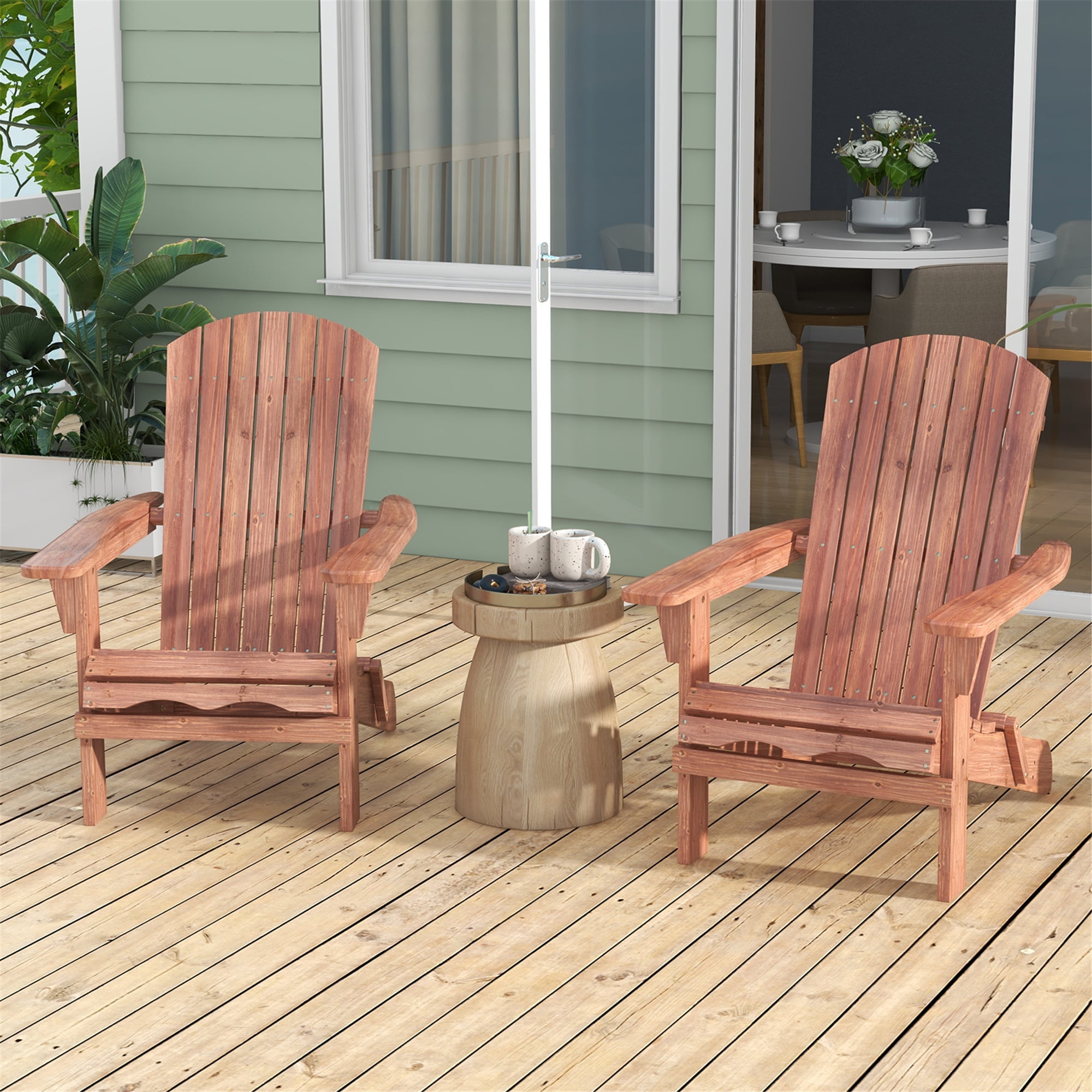 Gymax Folding Adirondack Chair Set of 2 w/ High Backrest & Wide Armrests Wooden Brown