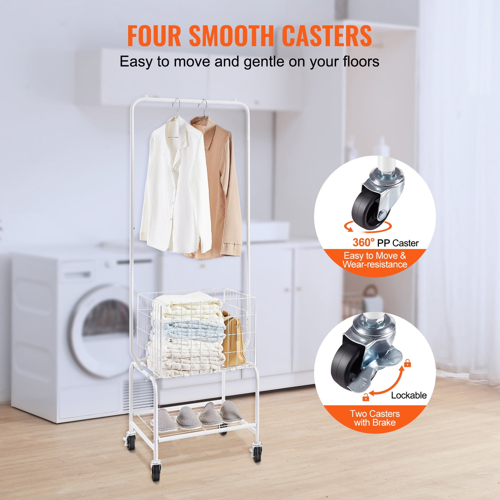 KFFKFF Laundry Cart, Laundry Basket with Wheel and Adjustable Clothes Hanger, Height Adjustable Laundry Butler with Basket