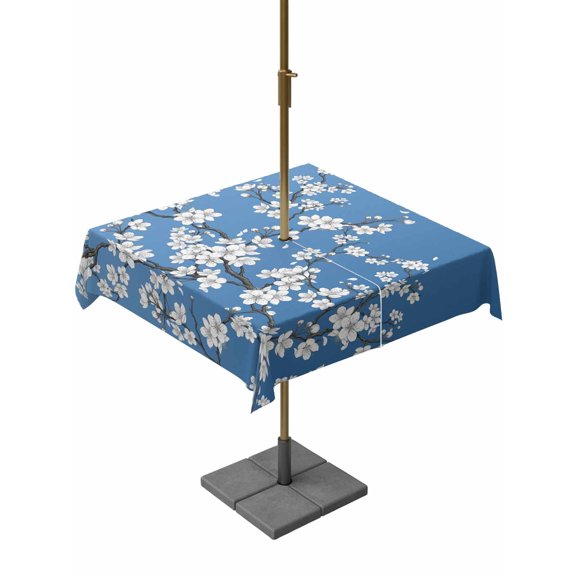 Outdoor Tablecloth with Umbrella Hole for Patio/Picnic/Party/Camping, Spring Floral Waterproof Table Cloth Square Cover Washable, White Cherry Blossom Fowers Sky Blue (60"x 60")