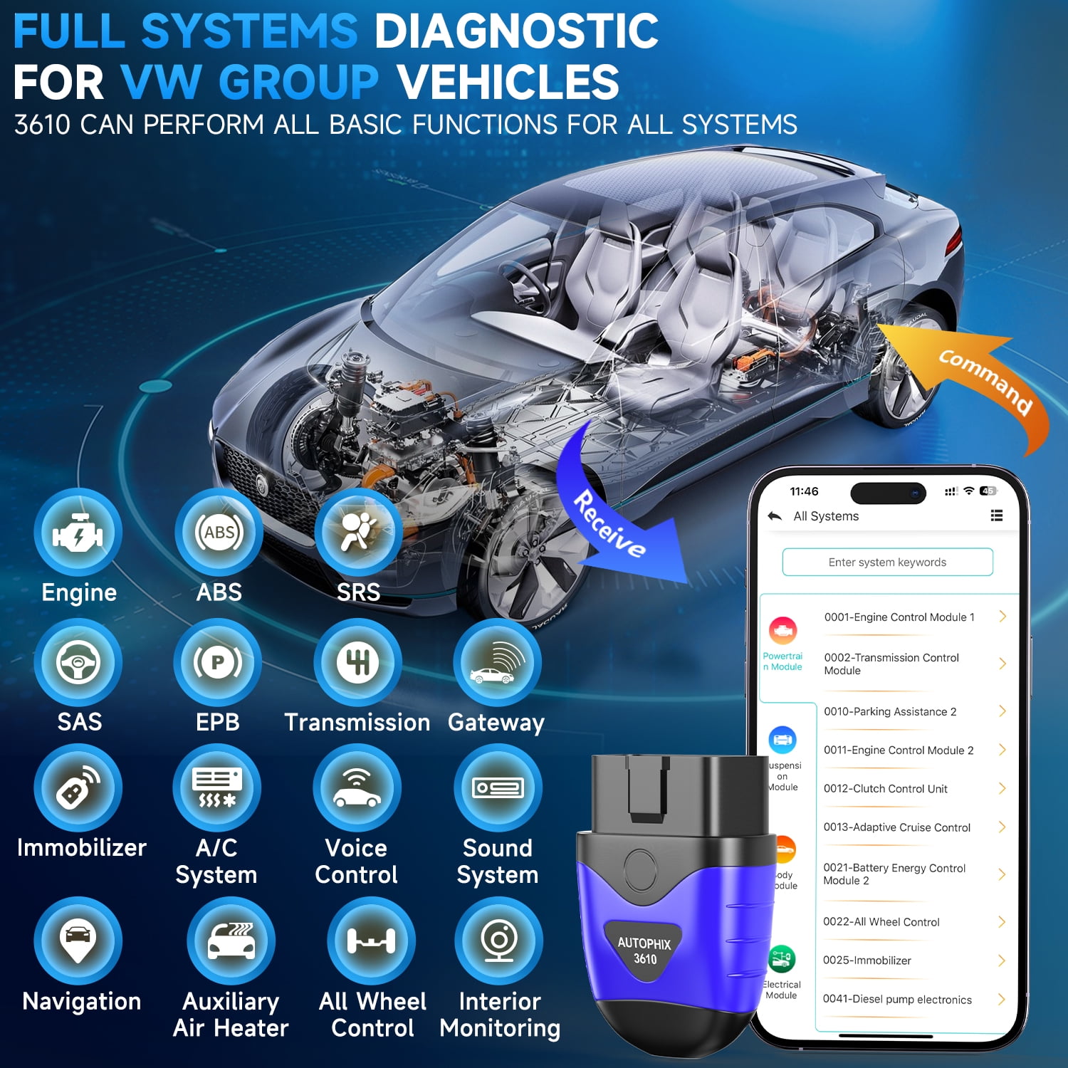 Autophix 3610 Wireless Bluetooth OBD2 Scanner Fits for VW Audi Skoda Seat Cars Scan Full-System Car Code Reader OBD2 Scanner with EPB Service Reset Throttle Learning for VAG Vehicles Diagnostic Tool