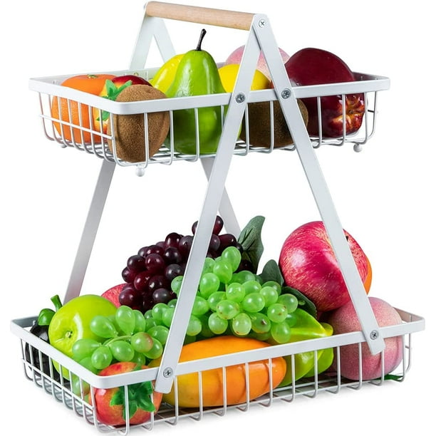 2-Tier Fruit Basket for Kitchen - Countertop Fruit and Vegetable Storage Fruit  Bowl with Banana Hanger , White 