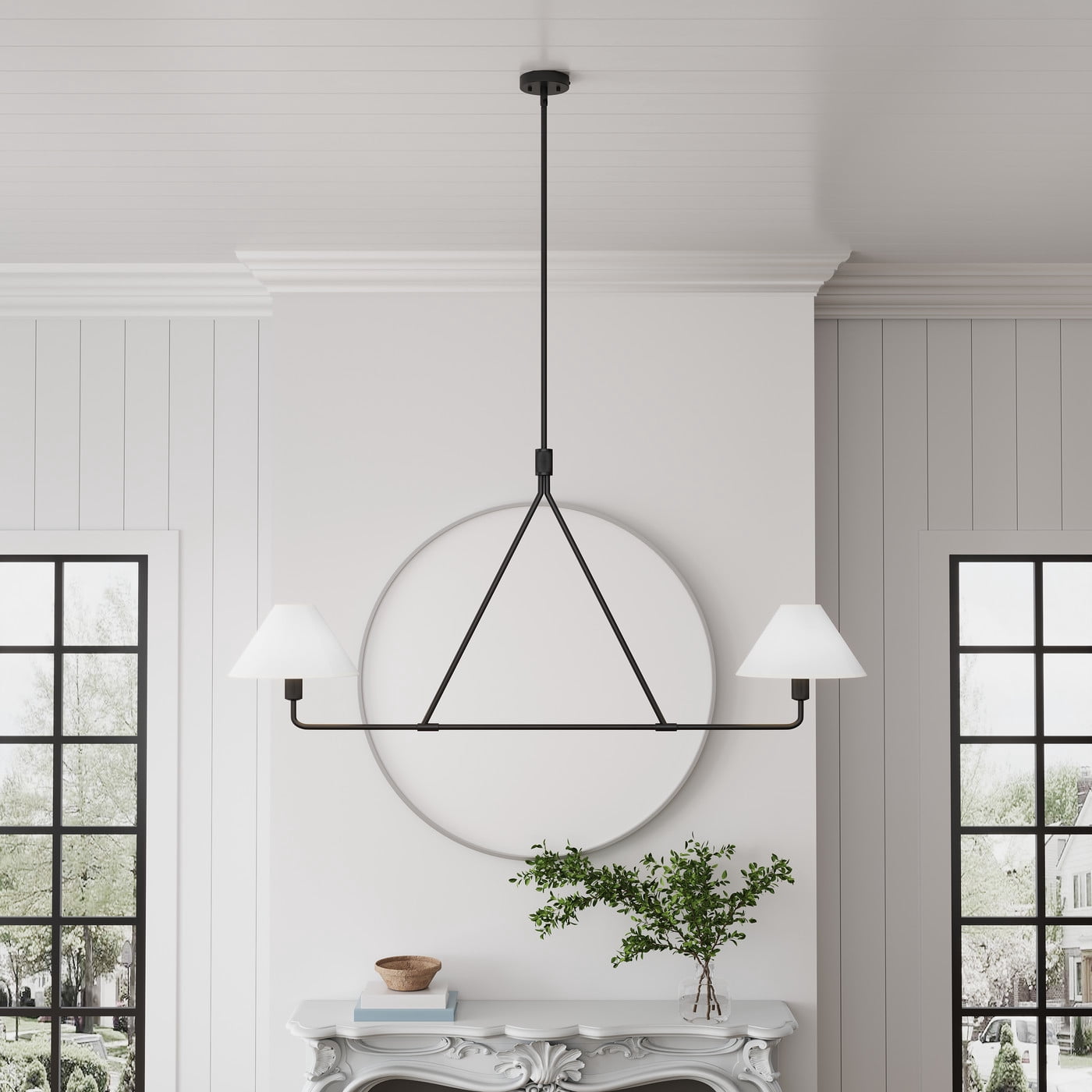 Aiwen Black Pendant Light Modern Linear Chandelier 2-Light Kitchen Island Lighting Fixture with Fabric Shade