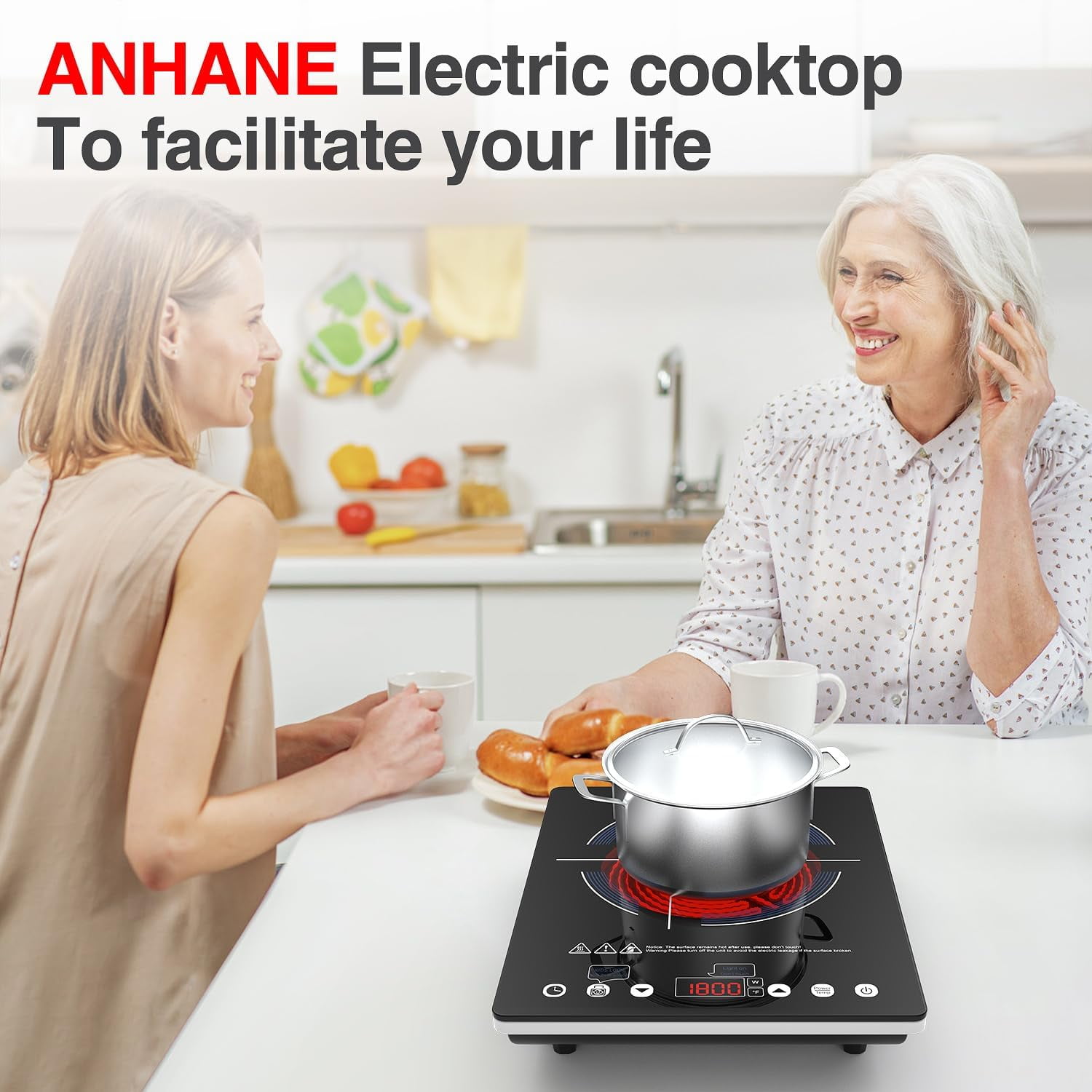Electric Cooktop 110V, Single Burner Infrared Hot Plate 1800W, Black Crystal Glass Surface, 4-Hour Timer