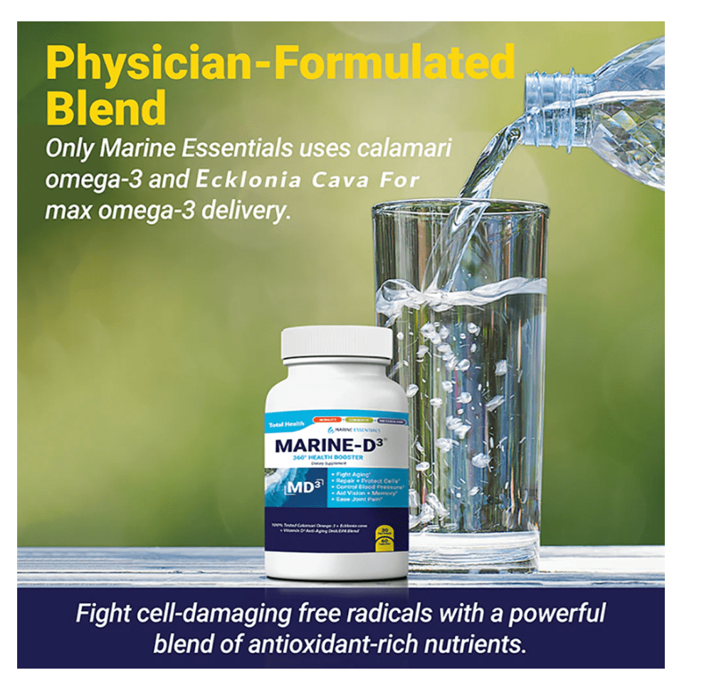 Marine Essentials - Marine-D3 Dietary Supplement - Omega 3 Fatty Acids - DHA/EPA -  Promote Increased Energy