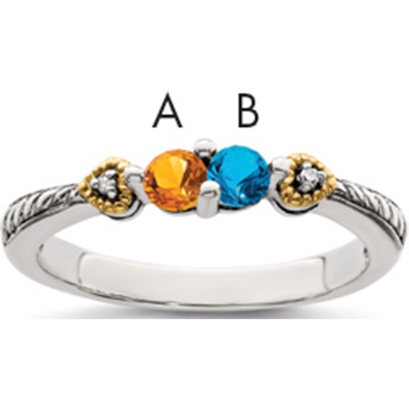 14K/Silver Two-Tone Sterling Silver & 14K Two-Stone And Diamond Mother's Semi-Mount Ring (Size 6) Made In Thailand qmr18/2-6