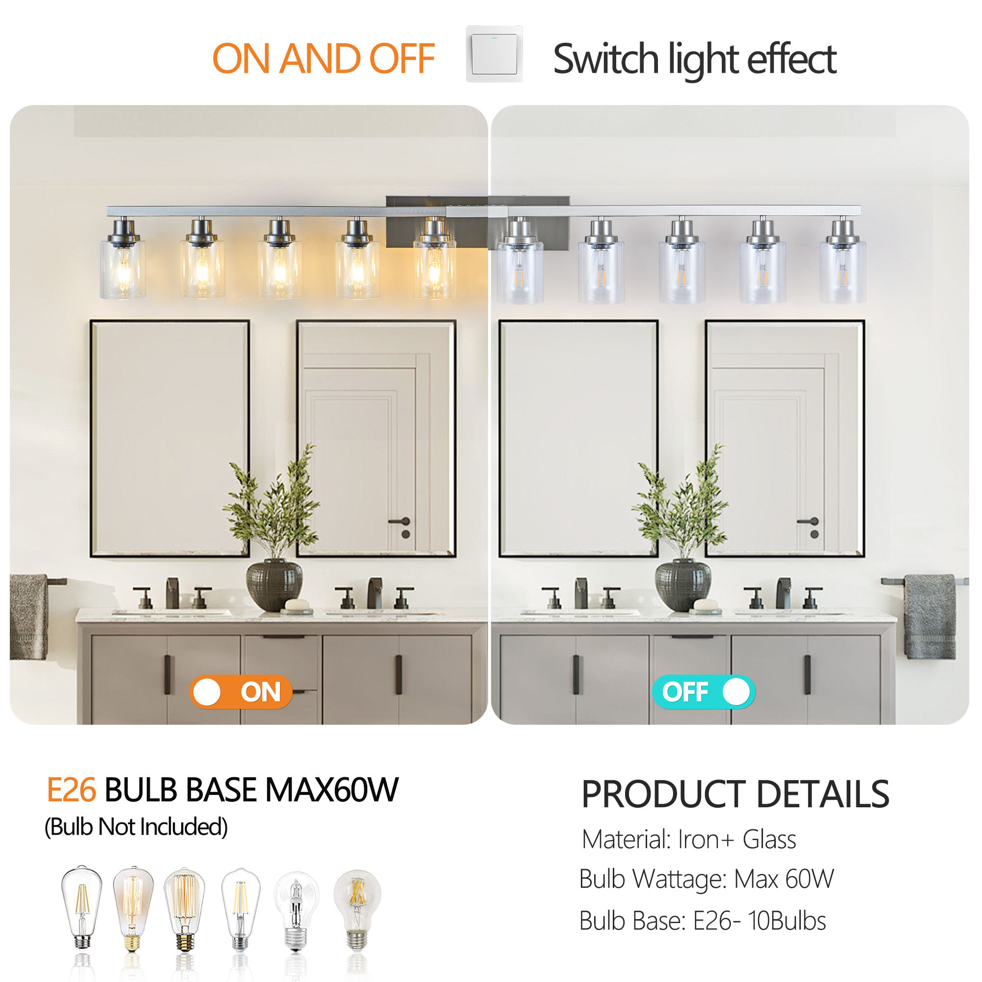 Leumius Modern 10-Light Bathroom Vanity Light Fixture - Brushed Nickel Finish with Clear Glass Shades, Perfect for Bathroom, Vanity and Dressing Area Lighting (No Bulbs)