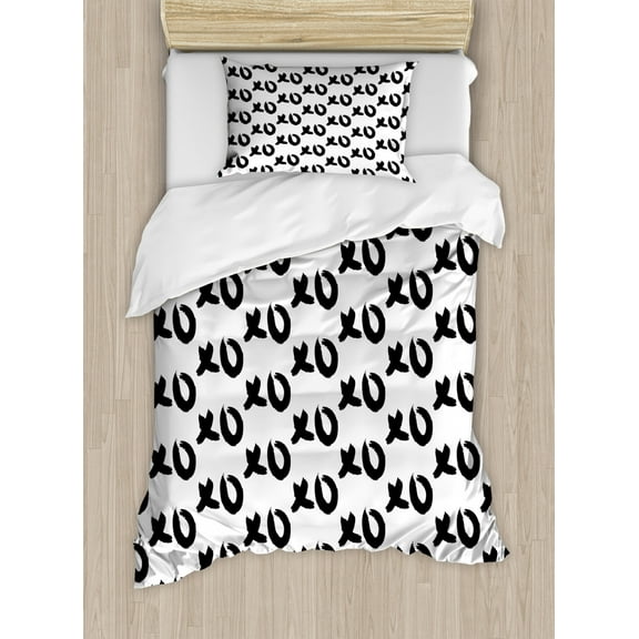 Xo Duvet Cover Set, Monochrome Hand Drawn Hugs and Kisses Words Paintbrush Style Art Print, Decorative 2 Piece Bedding Set with 1 Pillow Shams, Twin Size, Black and White, by Ambesonne