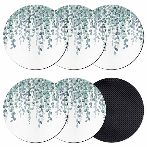 Teal Green Eucalyptus Leaves Coasters Set of 6, Absorbent Coasters for Drinks, Spring Plants Leaves Country Coaster for Desk Coffee Table Protection, Home Decor House Warming Gifts 4"