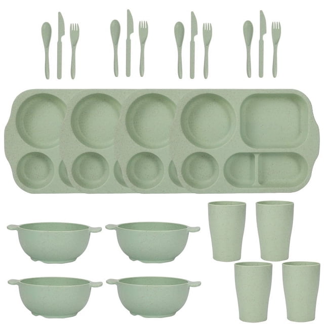 Nvzi 24Pcs Wheat Straw Dinnerware Cutlery Sets, Divided Plates Unbreakable Bowl Microwave Dishwasher Safe Tableware Cutlery -Green