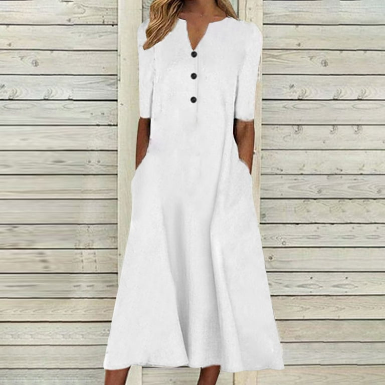 Womens House Dresses with Pockets,Womens Summer Dress Casual Floral Print  Midi Dress Button V Neck Short Sleeve Dresses Flowy Boho Beach Party  Sundress - Walmart.com