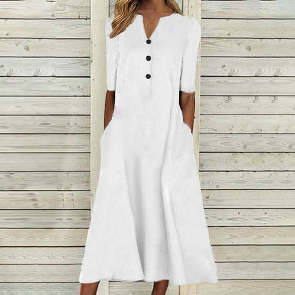 zanvin Mode Féminine Dresses Summer Impression Causale V-Cou Bouton Manches Courtes Vacances Poches Robe, Blanc