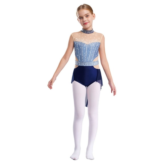inlzdz Lyrical Dance Dress for Girls Kids Sparkly Rhinestone Ballet Skirted Leotards Modern Dancewear Blue&Navy Blue 14