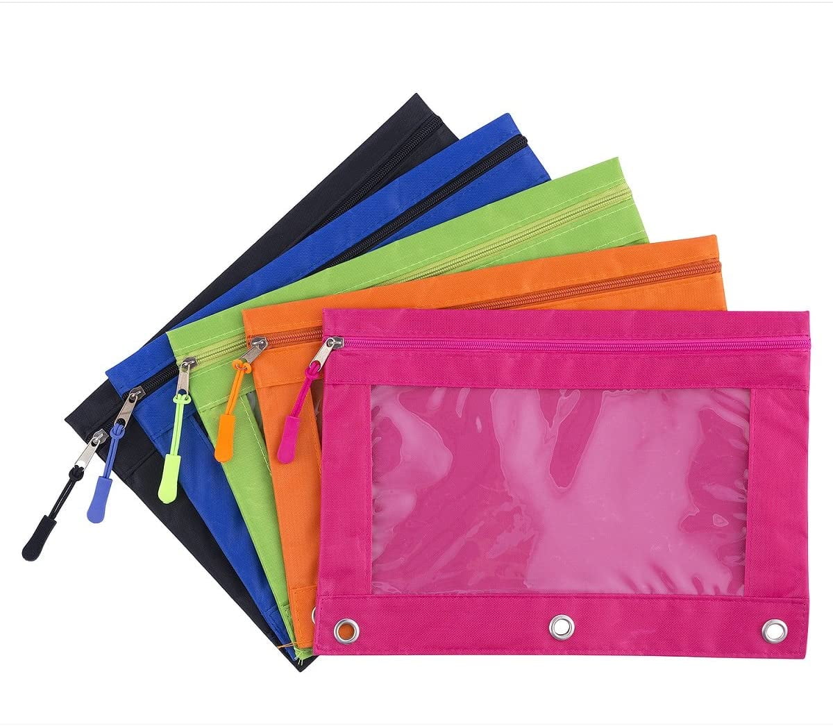 5 Pack Zipper 3-Ring Pencil Cases, Rivet Reinforced Multi Color Stationery Storage Bags for Students