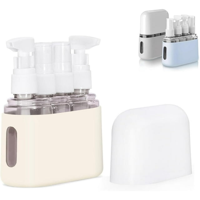 Mini Shampoo Dispenser Portable Travel Bottle Set, Mini Dispenser Portable Travel Set, Leak Proof Pump Bottles Containers Travel Size, Reusable Travel Bottles for Toiletries (Beige, 4 in 1)