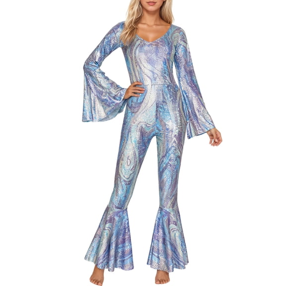 KHONTS Women's Hippie Foil Sequin Dress for Stage Performance Disco Outfits Light Blue XL