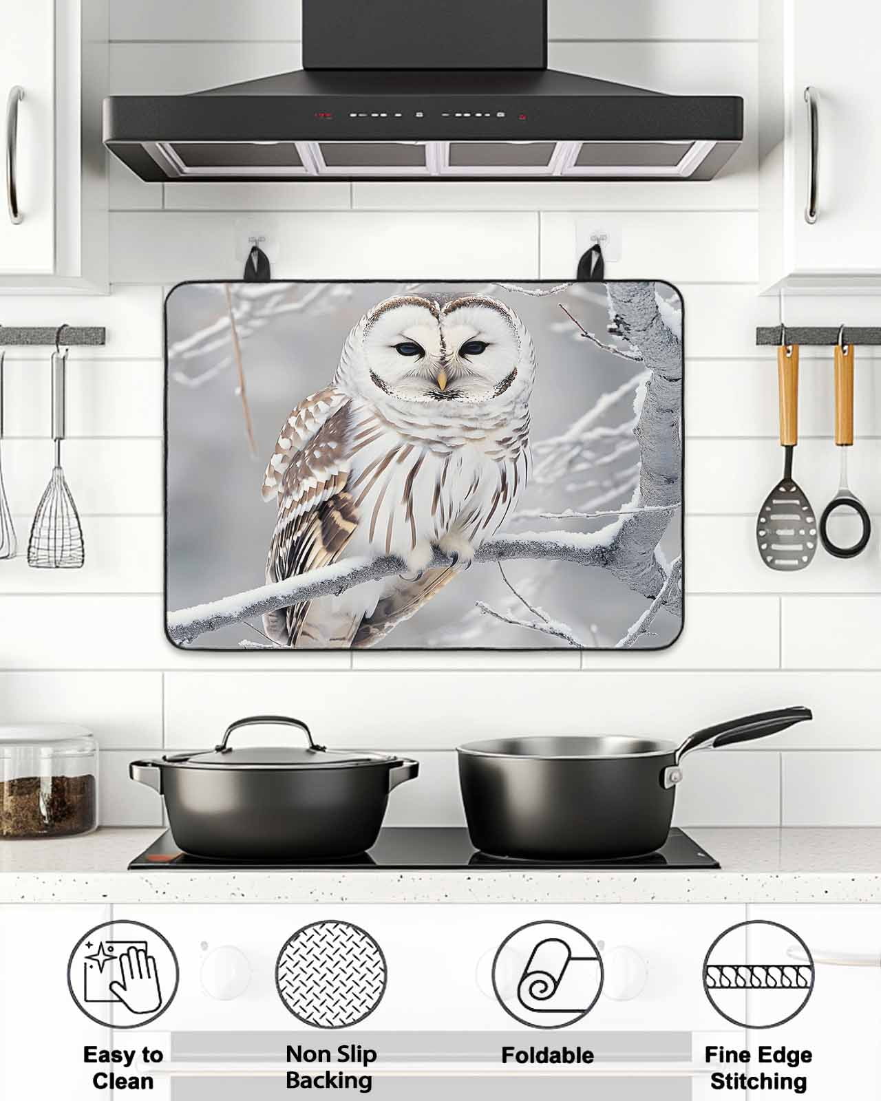 Stove Top Covers for Electric Stove, Winter Owl Glass Stovetop Cover Protector, Country Birds Animal Tree Branches Snow Induction Cooktop Protector Oven Mat for Kitchen Countertop 24"x21"