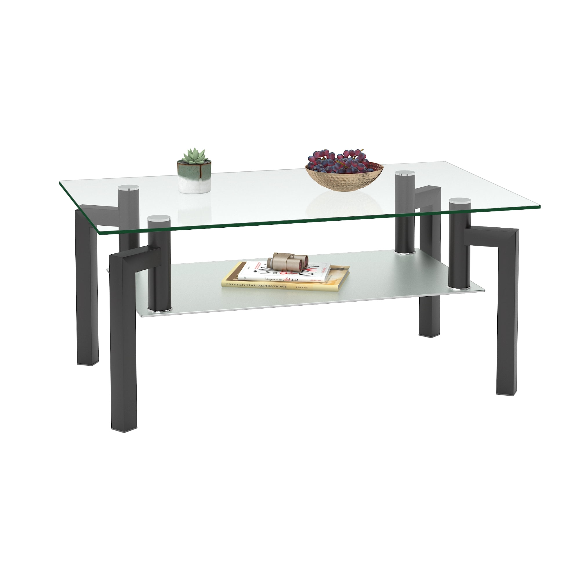 Glass Coffee Table, Modern Side Coffee Table with Lower Shelf, Rectangle Coffee Table for Living Room, Coffee Stand Console Furniture
