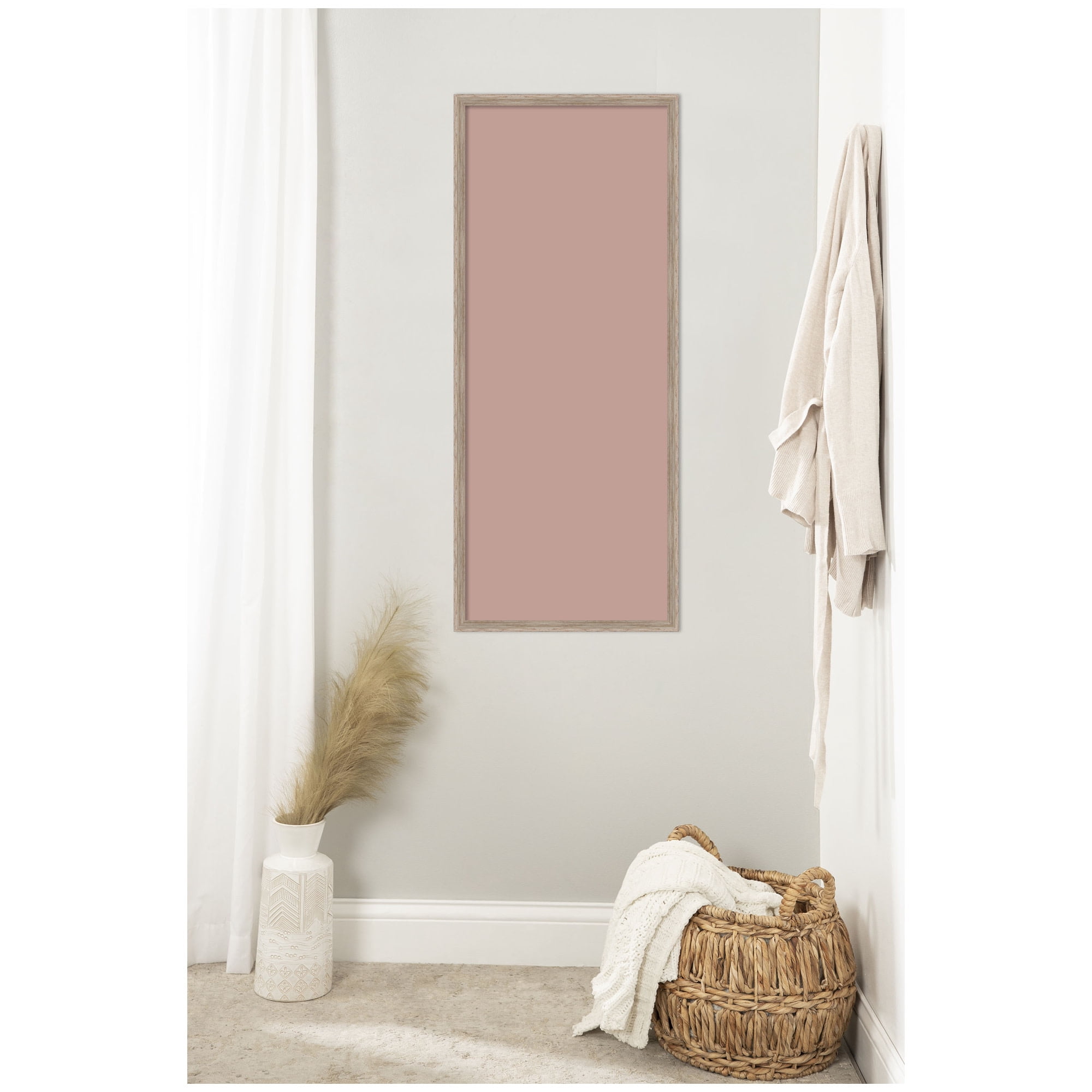 Kate and Laurel Framed Fabric Pinboard 17 x 41,  Printed Linen Rustic Farmhouse Bulletin Board for Use as a Vision Board or Wall Organization, Hardwood Wedge White Wash Frame