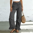 thumbnail image 3 of Lenpel Wide Leg Pants for Women Cotton Linen Fashion Button High Waist Ruffle Trousers with Pockets Casual Loose Fit Beach Pants, 3 of 4