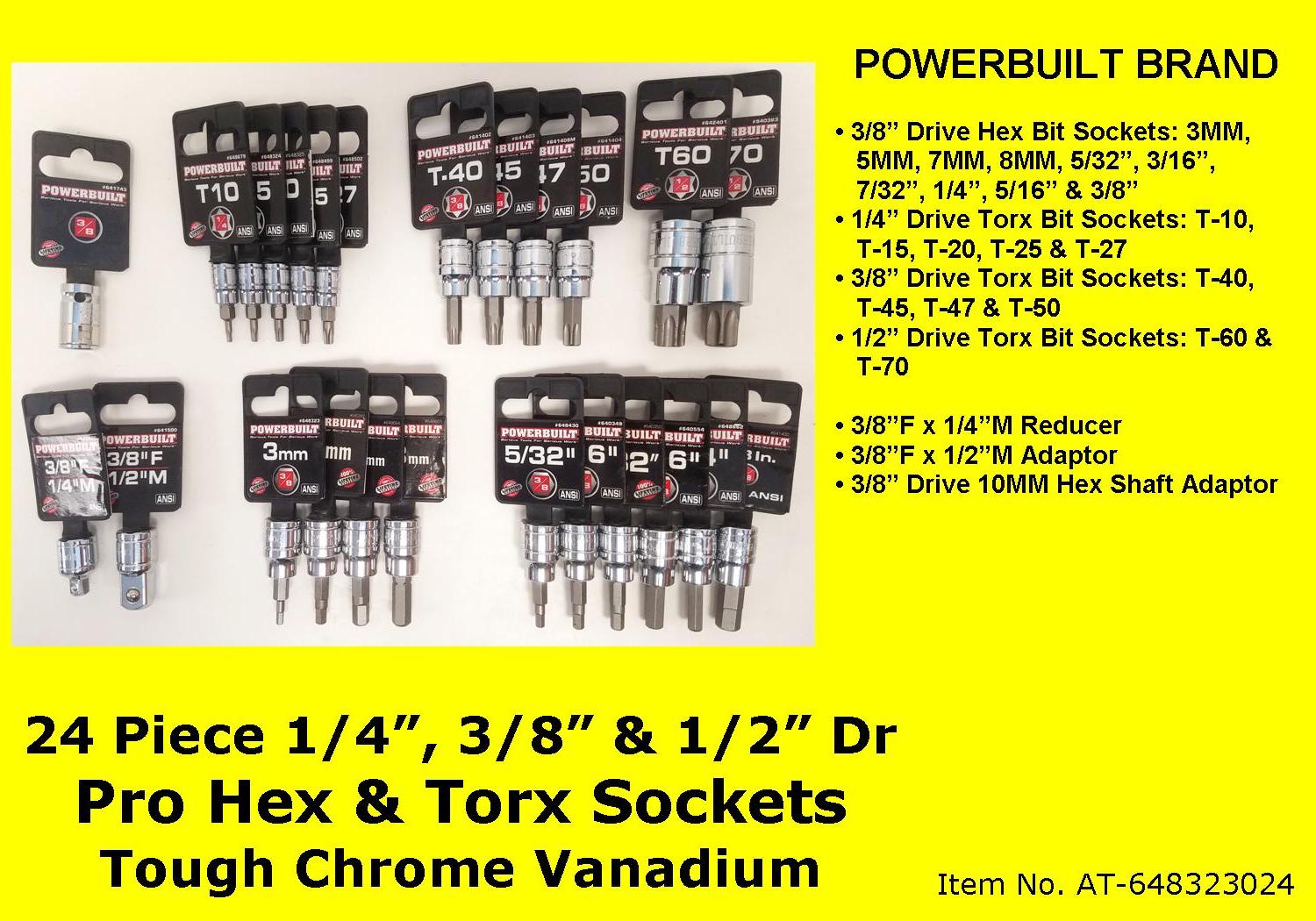 Powerbuilt 24pc Hex/Torx Socket Set 1/4", 3/8", & 1/2" DR Pro Sockets