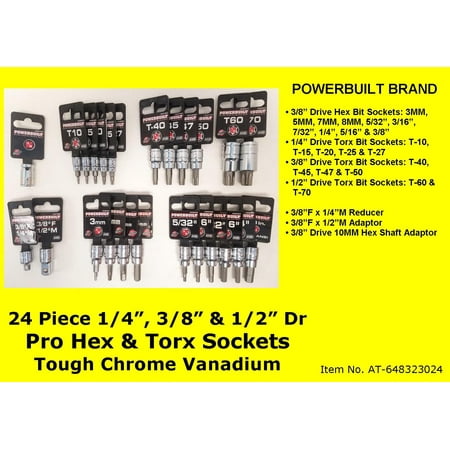 

Powerbuilt 24pc Hex/Torx Socket Set 1/4 3/8 & 1/2 DR Pro Sockets