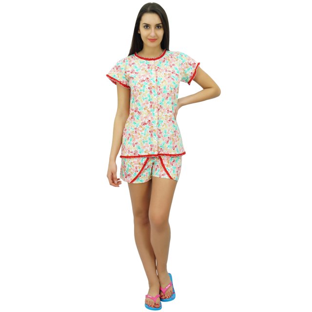 Bimba Ensemble de Nuit Mignon pour Femmes en Coton, Haut Boutonné avec Short