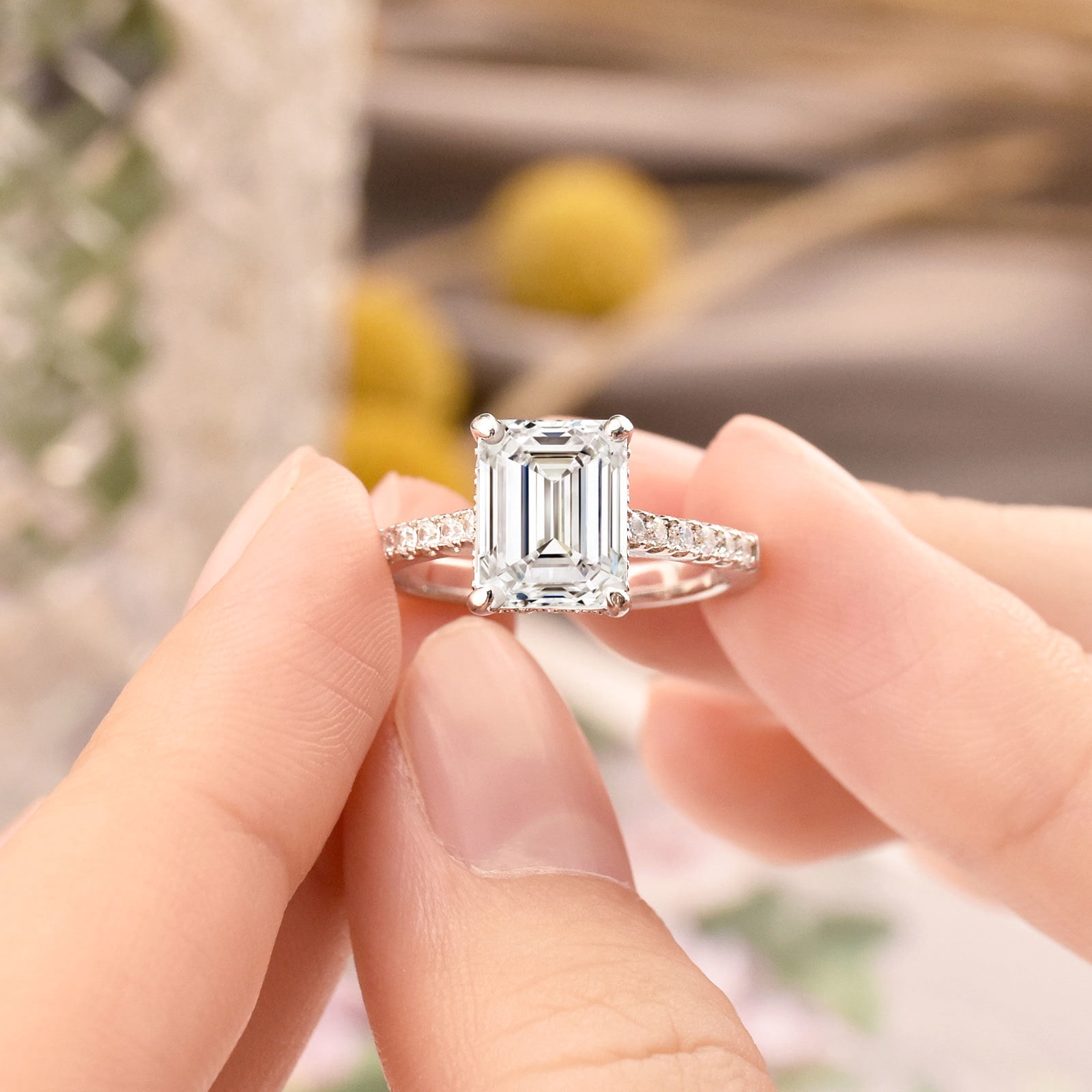 SHELOVES 3 Carat Emerald Cut Engagement Rings for Women AAAAA CZ 925 Sterling Silver Promise Wedding Rings Size 7
