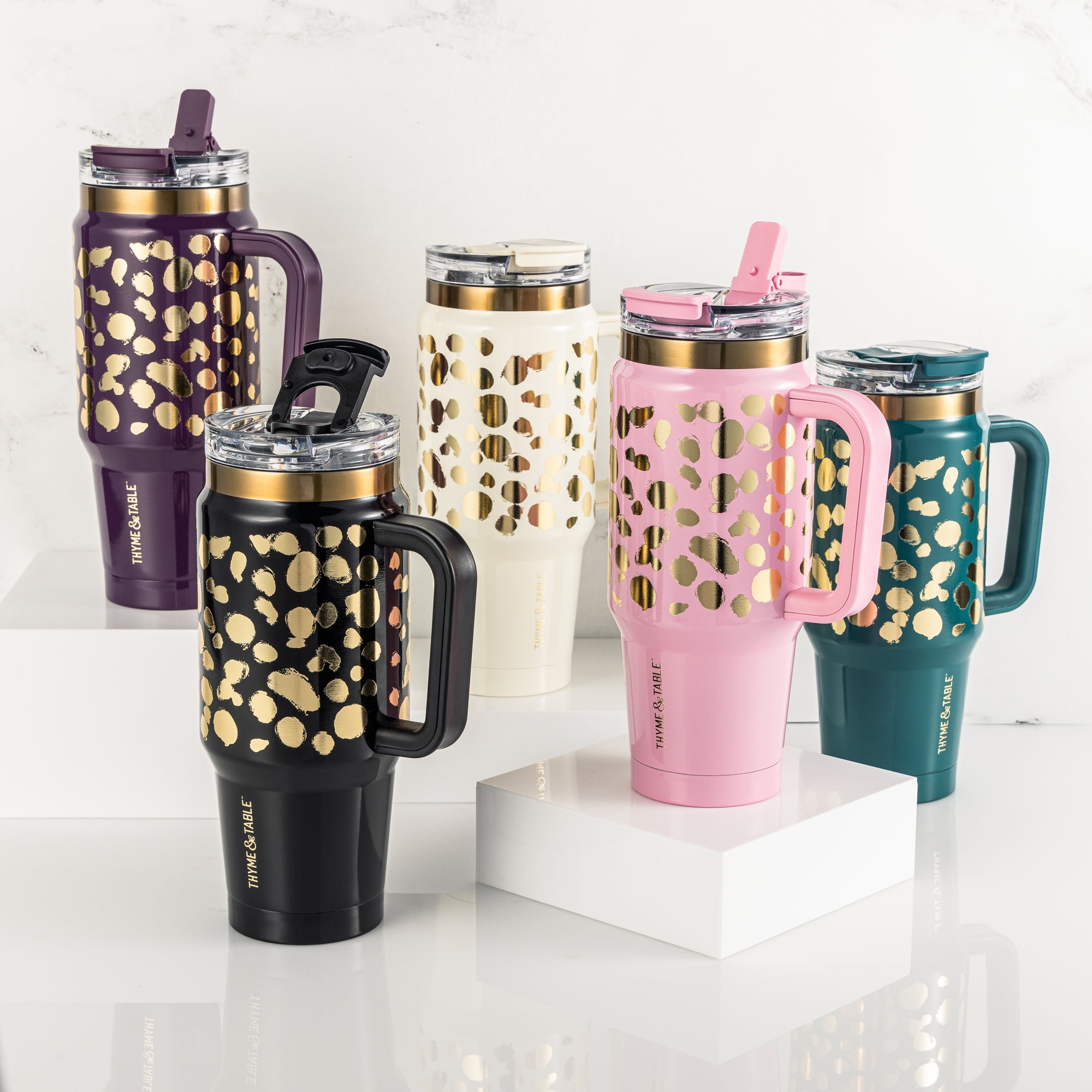 Thyme & Table 32oz Tumbler with Handle, Dual Straw Lid, Stainless Steel Double Wall Insulated, Pink & Gold Dot