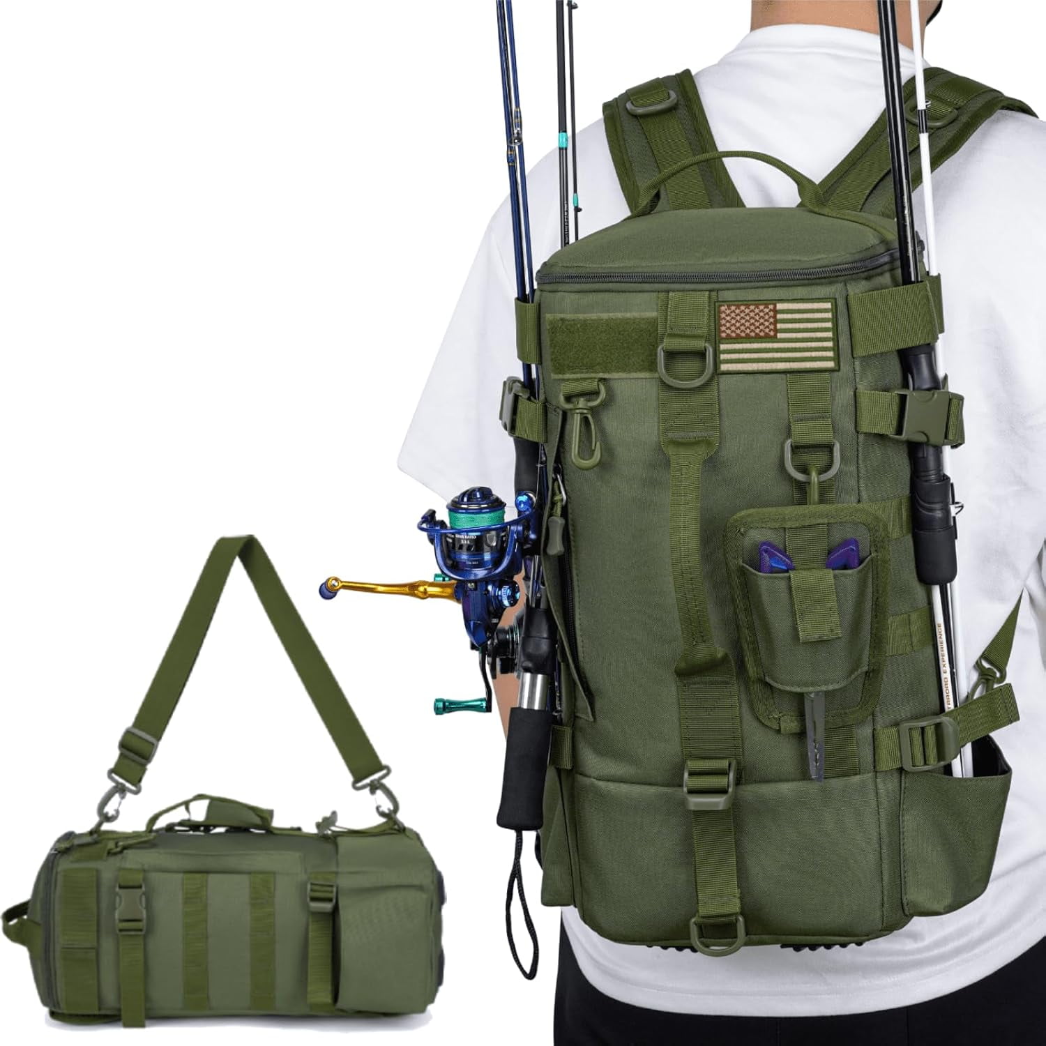 Txmasen Fishing Backpack with Flag,Fishing Backpack with Rod Holder Large,Large Storage Tackle Box Backpack, Portable Gear,Equipment,Gifts for Men