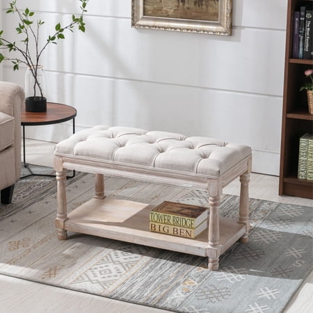 Dayalane Farmhouse Storage Bench Button Tufted Linen Upholstered Entryway Bench with Shoe Storage Solid Wood Ottoman for Bedroom Hallway Small Spaces Beige