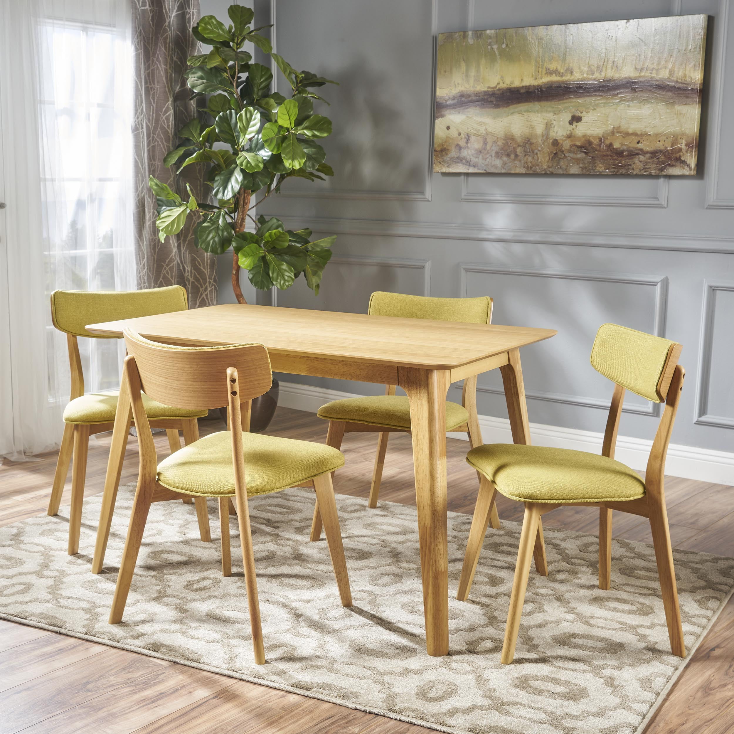 Noble House Alexa Mid Century Natural Oak Wood Green Tea 5 Piece Dining Set