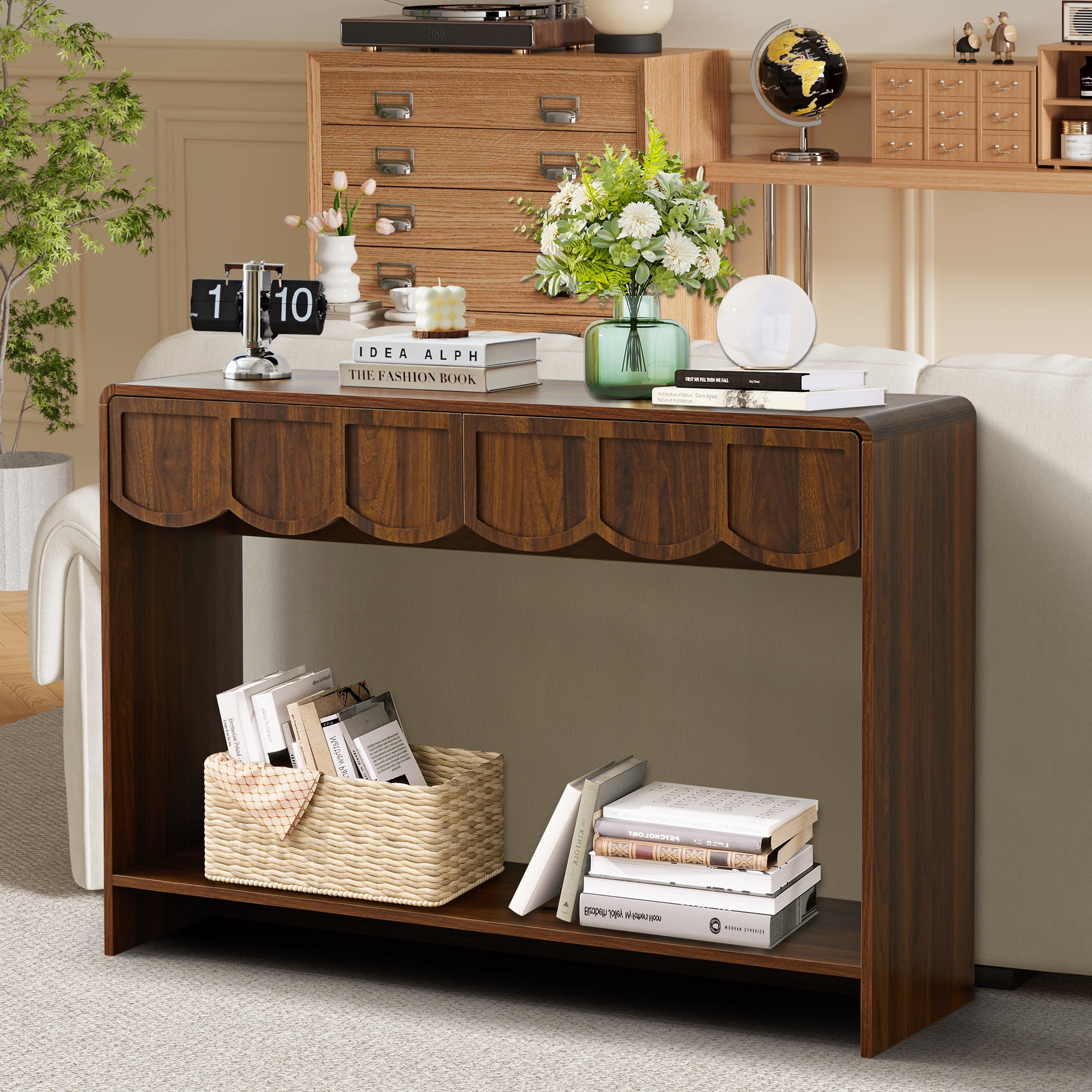 PHOYAL Console Table Sofa Table with 2 Drawer and Open Storage Shelves, Modern Entryway Table for Living Room Hallway Bedroom, Walnut
