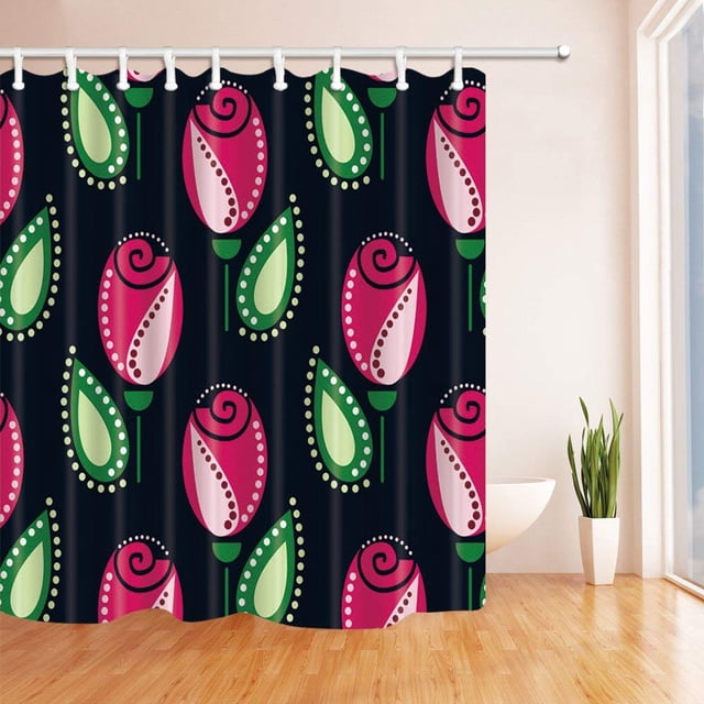 Cortina de Ducha de Baño ABPHQTO de Tejido de poliéster Negro con Diseño de rosas y Hojas 160x180 cm