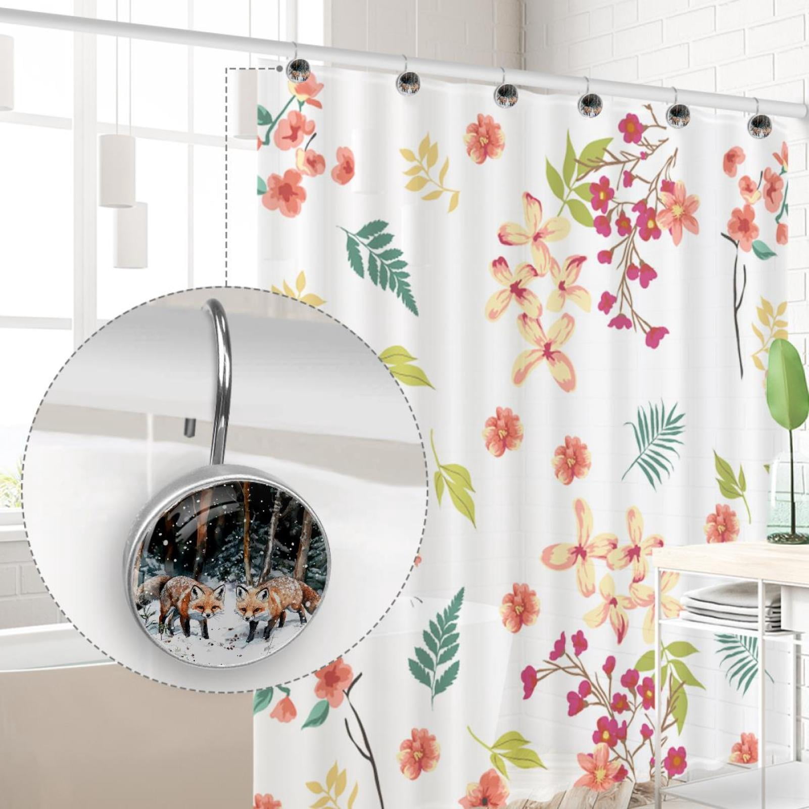 Two Foxes on Snow Tree Forest Shower Curtain Hooks Round Crystal Glass, Set of 12 Shower Curtain Rings - Shower Hooks for Curtain Shower Rings