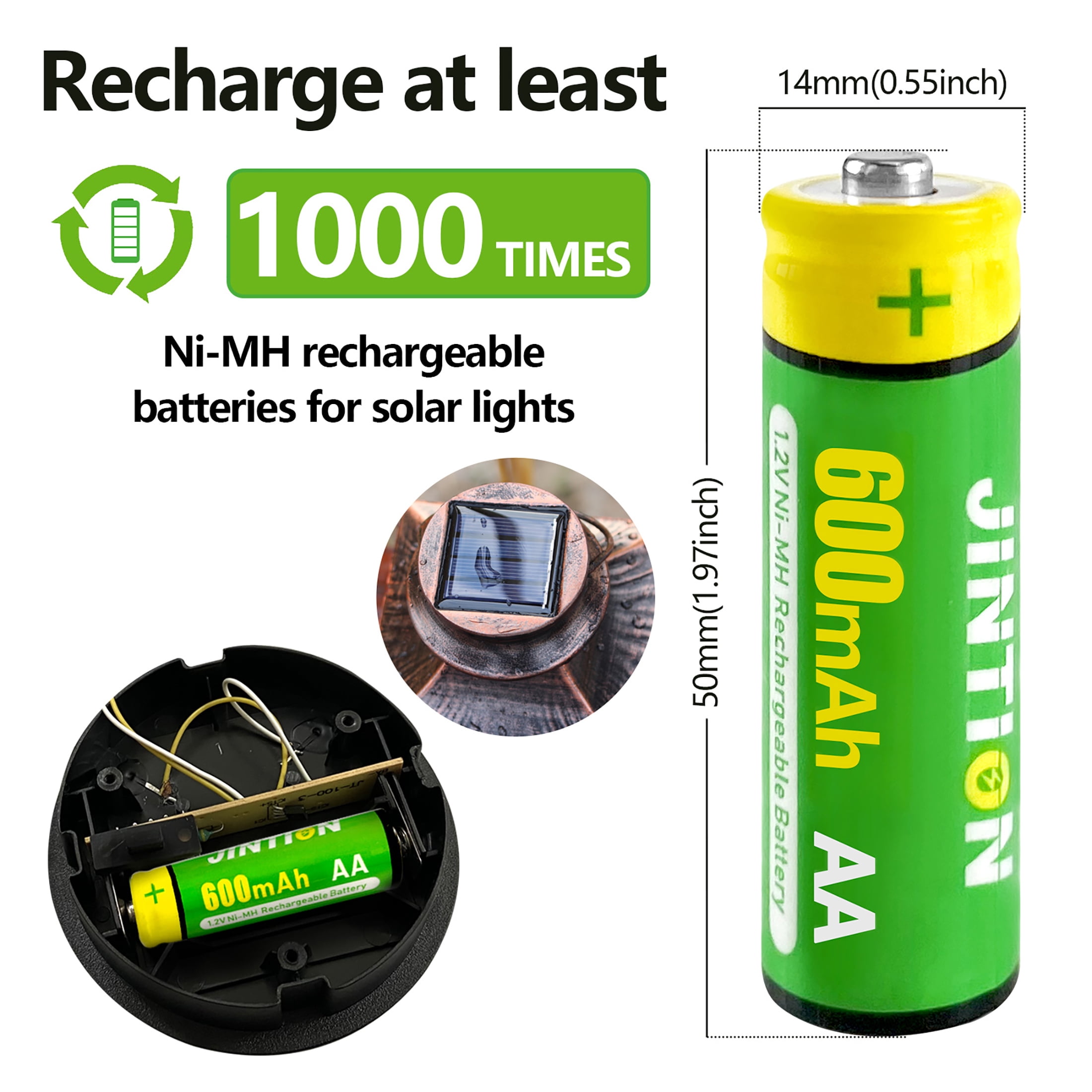 JINTION Rechargeable Aa Batteries, Double a Ni-MH 600mAh 1.2V Solar Battery