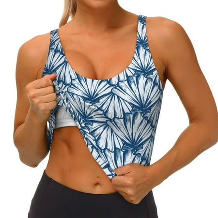 Qokaie Blue Shells Pattern Womens Scoop Neck Sports Bra Breathable Workout Vest Padded U Back Medium Impact Fitness Gym Yoga Bra Workout Crop Top