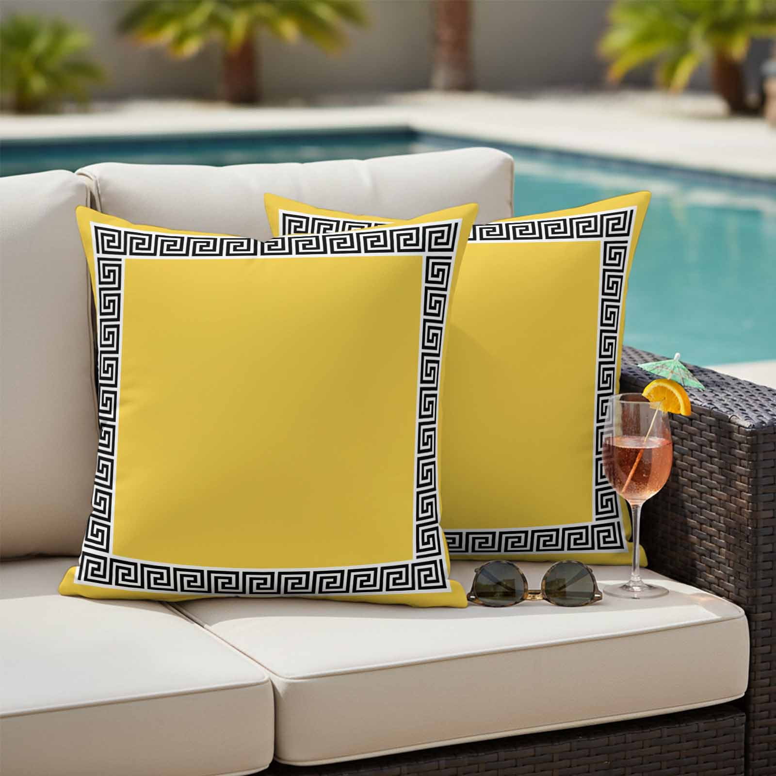 Outdoor Pillow Covers Greek Ethnic Key Texture Waterproof Pillow Cases 18x18 Set of 2, Twist Stripe Line on Yellow Throw Pillow Cover Pillowcase for Patio Balcony Couch Garden